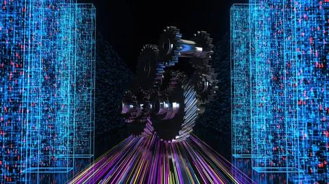 Digital Engine Development Data towers with gear wheels. 3d illustration.  Stock Photos