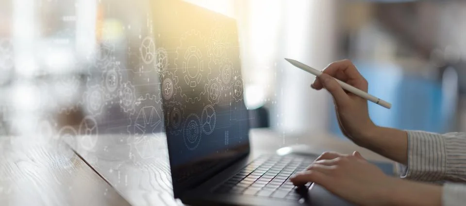 Digital Engineering and Mechanical Design Process Illustrated on a Tablet Int Stock Photos