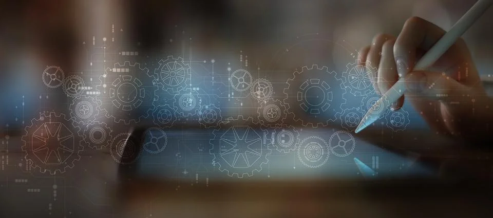 Digital Engineering and Mechanical Design Process Illustrated on a Tablet Int Stock Photos