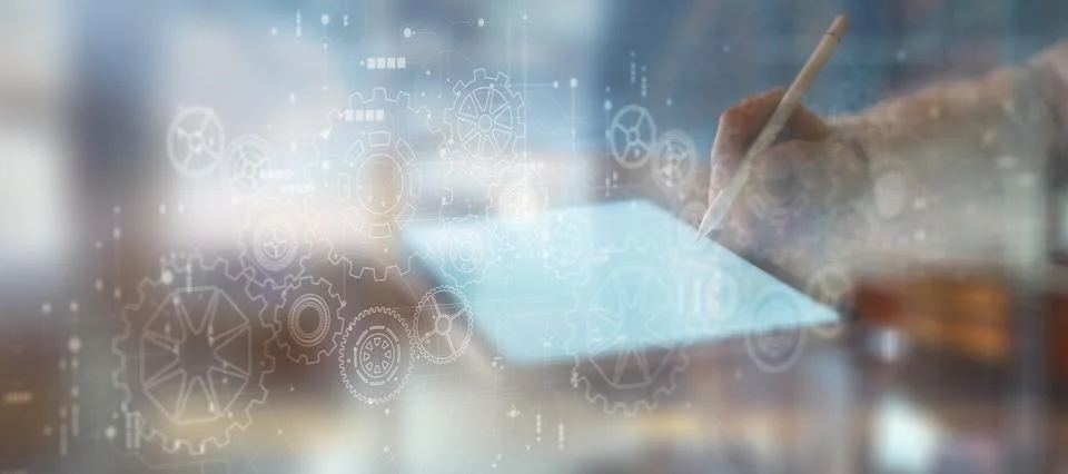 Digital Engineering and Mechanical Design Process Illustrated on a Tablet Int Stock Photos