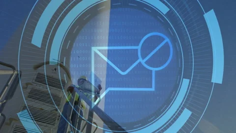 Digital envelope icon and binary code animation over construction workers on Stock Footage 304843252