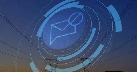 Digital envelope icon and binary code animation over power lines at sunset Stock Footage 305066597