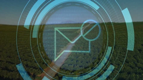 Digital envelope icon with binary code animation over lush green landscape Stock Footage 304843251