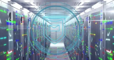 Digital envelope icon image over servers in data center hallway イラスト素材