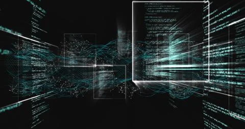 Digital equations and data streams flowing through futuristic virtual interface Stockillustratie