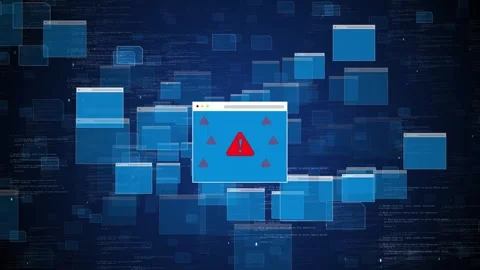 Digital error warning popup background with blue browser windows, red alert Stock Footage 333974041