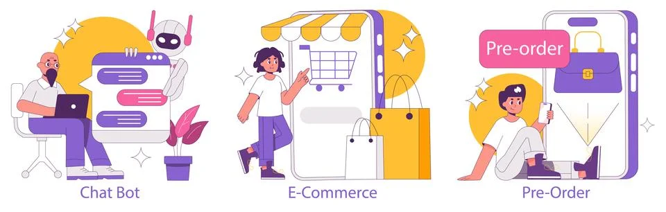 Digital Evolution set. Man interacts with chatbot, customer engages in e Stock Illustration