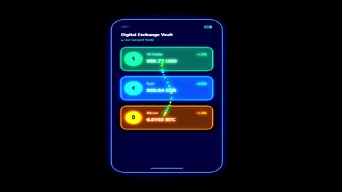 Digital Exchange Vault mobile app interface showing US Dollar, Euro, and Bi.. Stock Footage 344709721