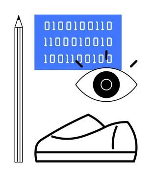 Digital Eye Scanning Binary Code with Pencil and Shoe, Highlighting Surveil.. Illustrazione stock