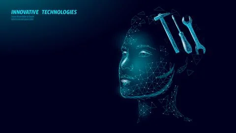 Digital face combines tools concept. Abstract human head represents engineering 스톡 일러스트