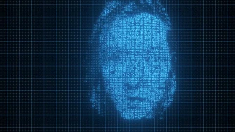 Digital Face Made of Glowing Blue Code Numbers on Grid Background. 4K Vidéo 318780764
