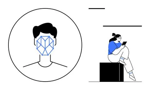Digital Face Recognition and People Using Mobile Devices Stock Illustration