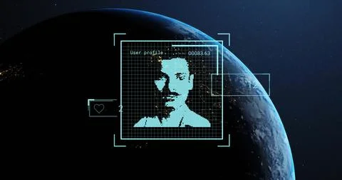 Digital face recognition image over Earth from space with data and numbers Stock Photos