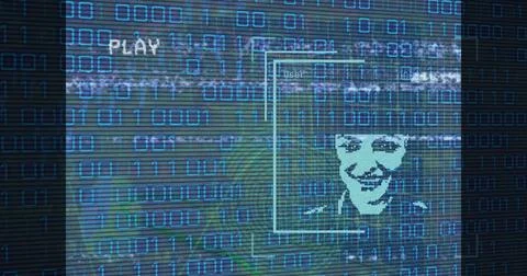 Digital face recognition technology analyzing data with binary code overlay Stock Photos