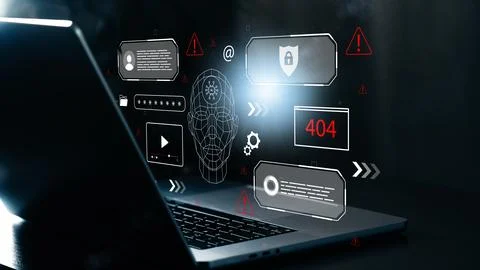 Digital face representation shows deep fake technology in action with computer Stock-Fotos