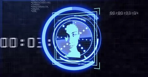 Digital face scan image over binary code and data processing 스톡 사진