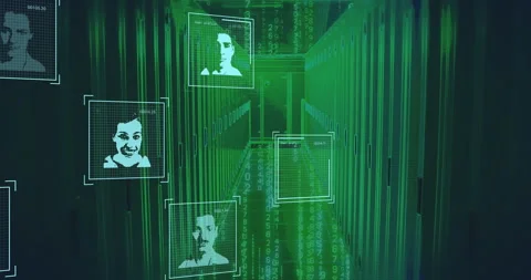 Digital faces and binary code animation over green matrix-like background Stock Footage 304856378