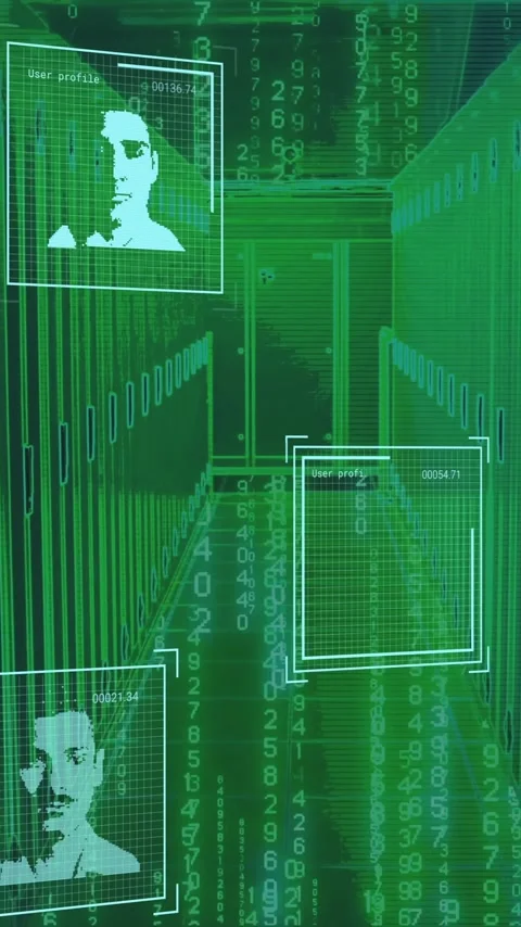 Digital faces and binary code animation over green matrix-like background Stock Footage 319617811
