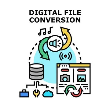 Digital file conversion process with data storage and media files Stock Illustration