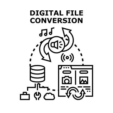Digital file conversion process with data storage and media files Stock Illustration