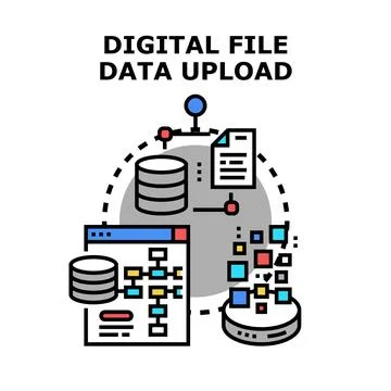 Digital file data uploading and storage processing Stock Illustration