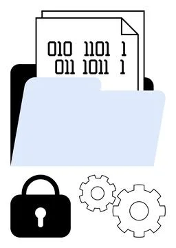 Digital file folder with binary code, lock, and gears representing cybersec.. Stock Illustration