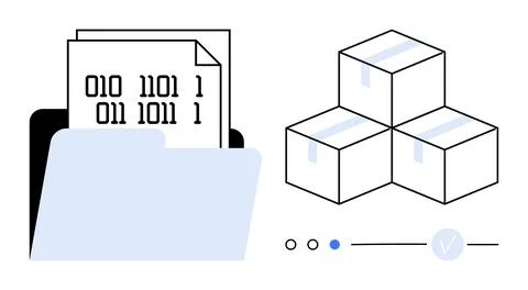 Digital file folder containing binary code documents next to a stack of stora Stock Illustration