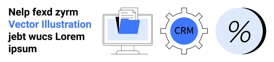 Digital file icon within computer monitor, CRM gear symbol, percentage circle Illustrazione stock