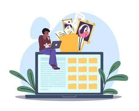 Digital file management and cloud archive. User organizing documents, photos and 스톡 일러스트