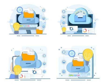 Digital file management set illustrating electronic documents, organized records Stock Illustration