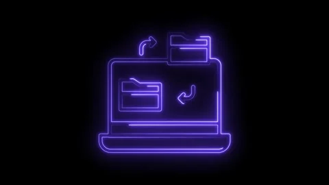 Digital file transfer neon icon animation on laptop with folder data sharing Stock Footage 314536323