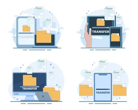 Digital file transfer set, document synchronization, data exchange. Stockillustratie
