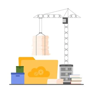 Digital files administration, organization, storage on servers, crane transfer Stock-Illustration