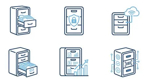 Digital filing cabinet icon set for data management and security with documen Stock Illustration