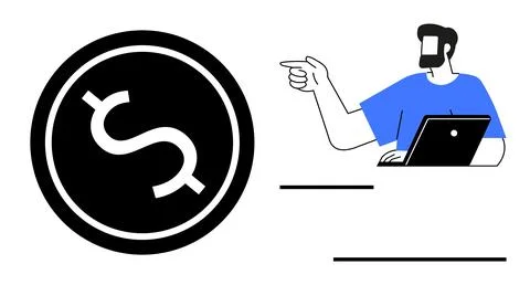 Digital Finance and Remote Work Concept with Dollar Sign and Person on Laptop Stock Illustration