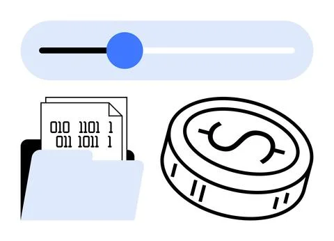 Digital finance illustration with binary code, file folder, coin, and slide.. Stock Illustration