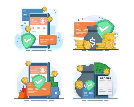Digital finance illustration set featuring smartphone banking Stock Illustration