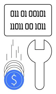 Digital Finance Solutions Binary Code, Falling Coins, and Wrench Highlight .. Stock Illustration