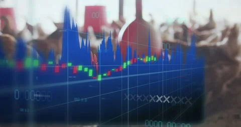 Digital financial chart displaying colored candlestick bars over blurred farm 스톡 동영상 308386992