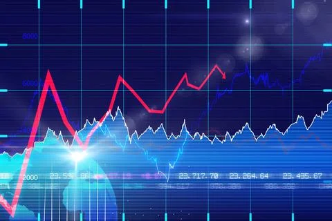 Digital financial chart is displaying colored line graphs on dark blue grid with 스톡 일러스트
