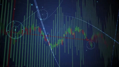 Digital financial chart displaying fluctuating data on dashboard, showing bars, 库存影片 309103203