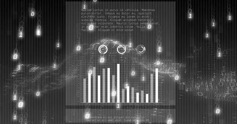 Digital financial data analysis with bar graphs and binary code overlay Stock Photos