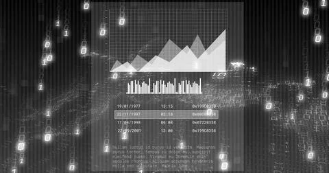 Digital financial data analysis with graphs, barcodes, and binary code in Foto stock