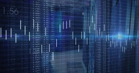 Digital financial data overlay flooding data center corridor, with server racks, Stock Illustration