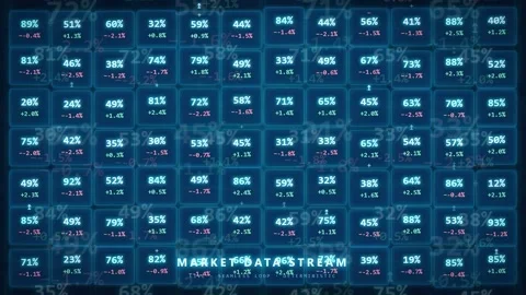 Digital financial data stream with scrolling percentage numbers and stock Stockbeeldmateriaal 343863910