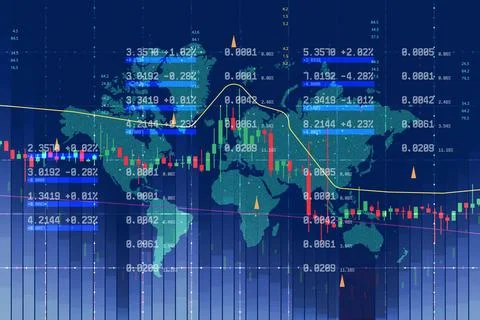Digital financial indicators and candlestick charts over world map. Concept.. Illustrazione stock