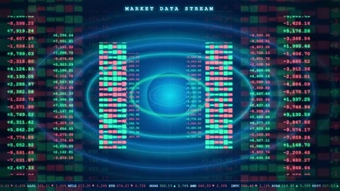Digital financial market data stream with scrolling stock exchange numbers and Stock Footage 343870048