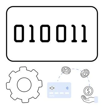 Digital Financial Transaction Visualized with Binary Code, Credit Card, Gea.. Stock Illustration