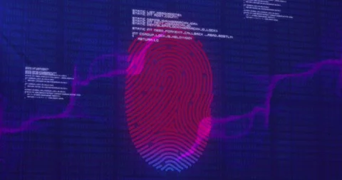 A digital fingerprint computer interface icon on a mesh black background Stock Footage 329125724