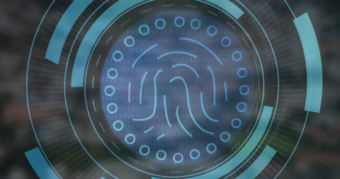 Digital fingerprint glowing center, binary code scrolling behind, forming HUD Stock Footage 307454269